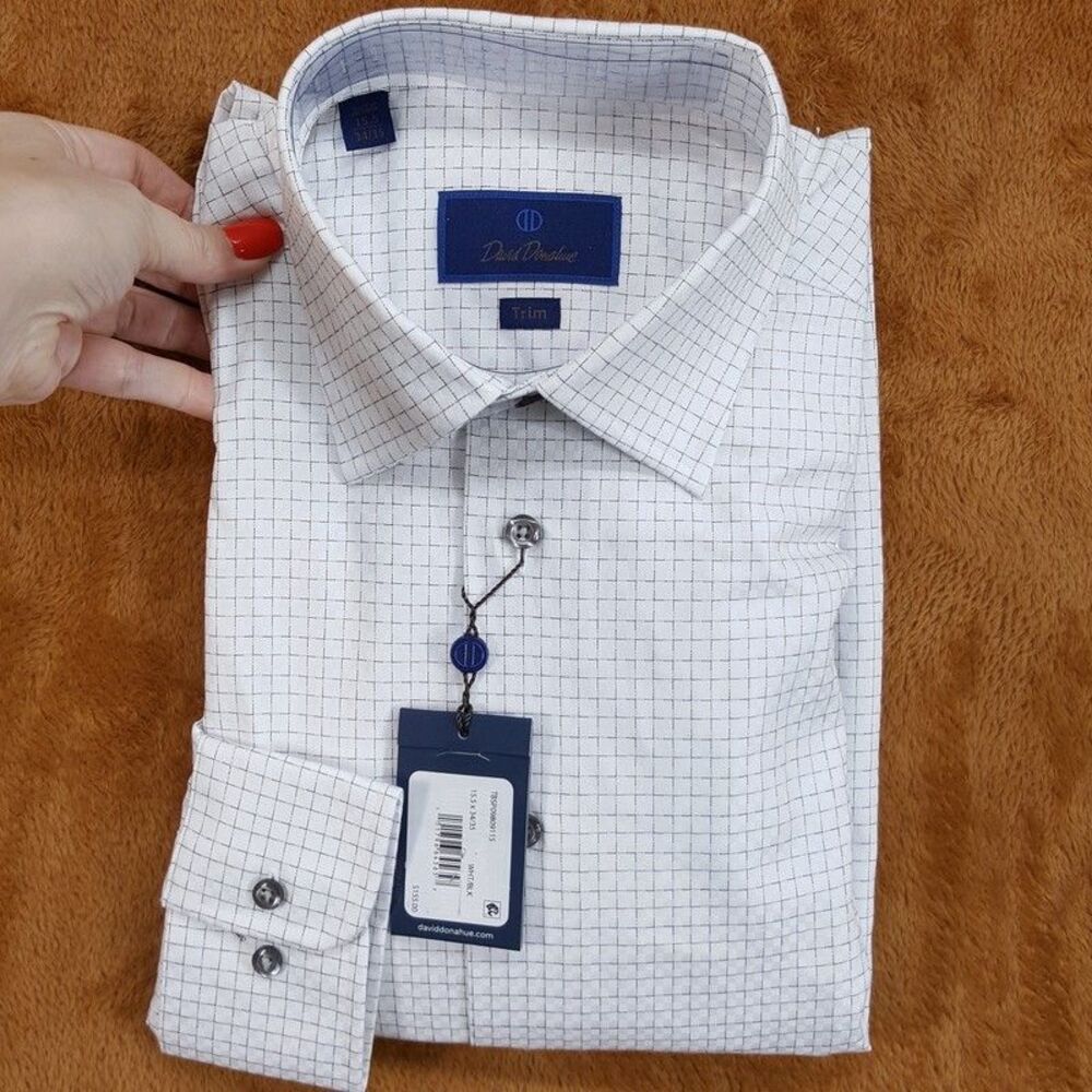 DAVID DONAHUE Shirt Mens Size 15.5 34 35 White Check Button Up TRIM $155